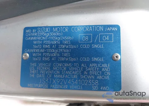 2005 Suzuki Xl-7 Ex/Lx from USA, damaged, VIN JS3TX92V454102358